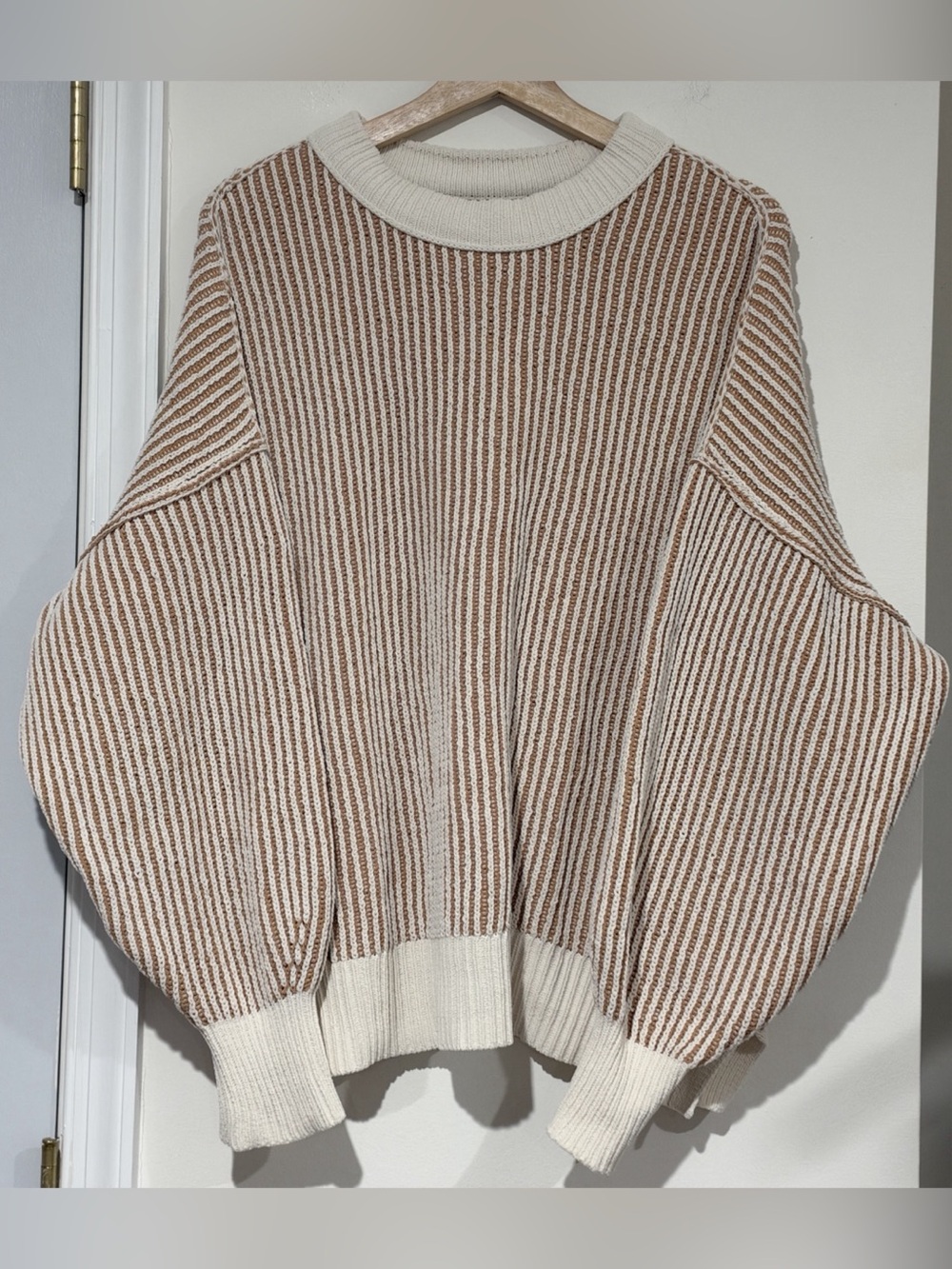 Aerie Beyond Chenille Striped Crewneck Sweater Beach Dune - Picture 2 of 8